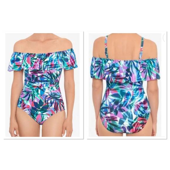 New Swim Solutions Off Shoulder Swimsuit Tropical Multi Slimming Size 14 - Picture 2 of 11